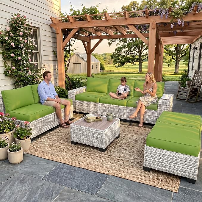 8-Piece Outdoor Patio Furniture Set Wicker Sectional Sofa Set with Ottomans, Patio Conversation Set with Thickened Cushions & Coffee Table for Garden, Backyard, Poolside, Avocado Green