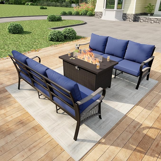 3 Pieces Patio Furniture Set, Metal Outdoor Conversation Sets with Fire Pit Table for Backyard Garden Deck Porch Poolside (Thick Blue Cushions)
