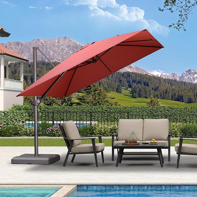 PURPLE LEAF 10' X 10' Patio Cantilever Umbrella Antique Bronze Square Outdoor Umbrella with 360° Rotation and Aluminum Offset Hanging for Garden Backyard Pool, Brick Red