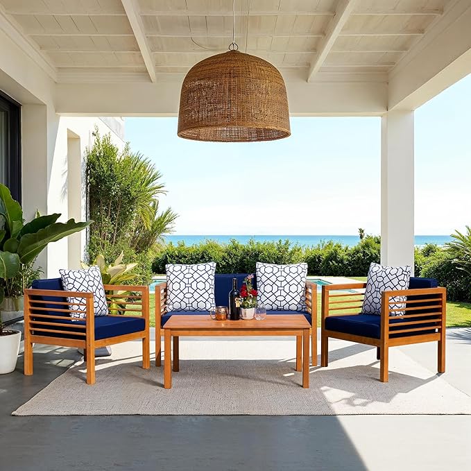 SAFAVIEH Outdoor Collection Alda Natural/ Navy Cushions/ Geometric Pattern Pillows 4-Piece Conversation Patio Set