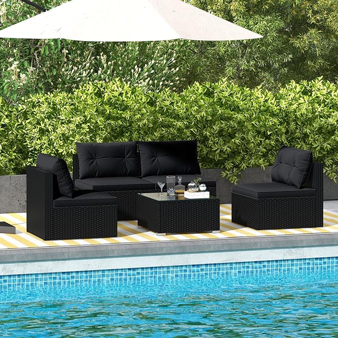 Tangkula 5 Piece Rattan Sofa Set, Outdoor Wicker Furniture Set w/Seat & Back Cushions, Square Coffee Table, Patio Sectional Sofa Set for Backyard, Poolside, Garden (Black)