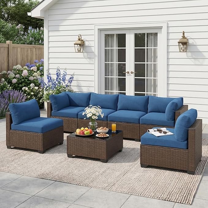 Patio Furniture Set, 7-Piece Outdoor Sectional Couch with Coffee Table & Thick Cushions, Outdoor Wicker Conversation Set for Backyard, Poolside, Garden (Brown-Navy, 7 Piece-Single)