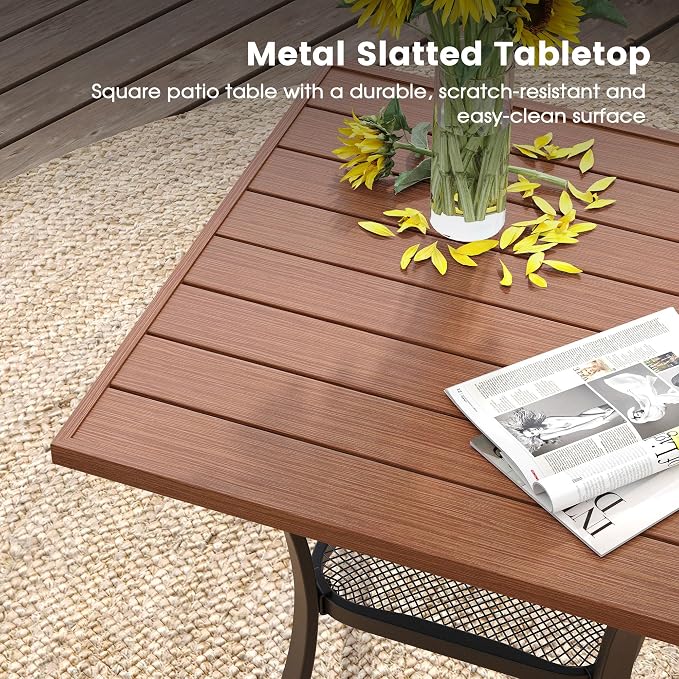 DIFY 3 Piece Outdoor Dining Set for 2, Patio Furniture Set with Padded Textilene Swivel Patio Chairs and 27.6" Small Square Metal Dining Table, Brown Fabric & Walnut Tabletop
