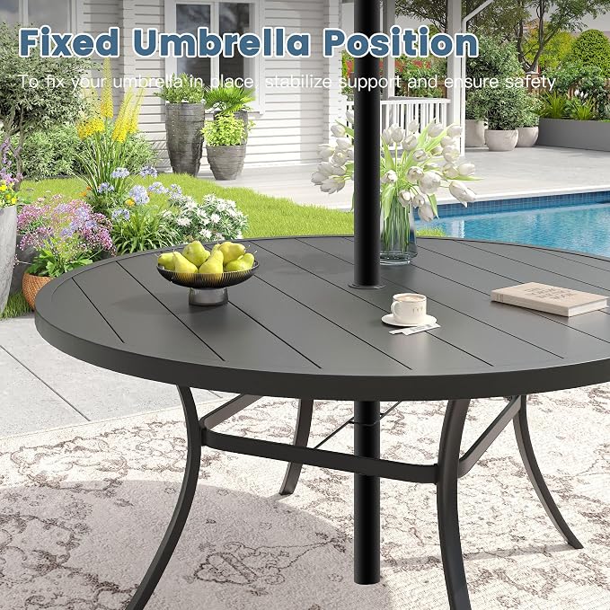 DIFY 7 Piece Outdoor Dining Set, Patio Table and Chairs Set for 6 with Umbrella Hole, 50" Black Round Dining Table & Stackable Wicker Patio Chairs, Metal Patio Furniture Set for Garden Backyard