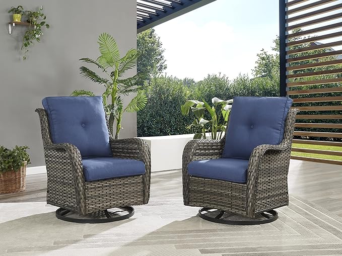 Rilyson Wicker Rocking Chair Swivel Chairs - 2 PC Rocker Patio Chairs Set Rattan Rocking Chair for Outdoor Porch Deck Garden Backyard (Mixed Grey/Blue)