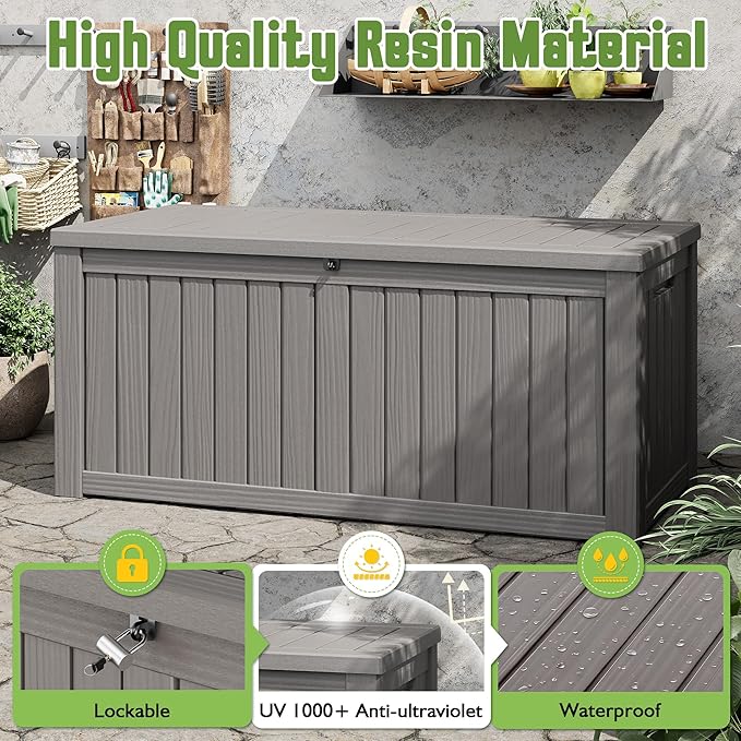 Outdoor Storage Box, 150 Gallon Deck Box with Lockable Lid, Waterproof Resin Storage Bin for Cushions, Garden Tools, Patio Furniture, Grey