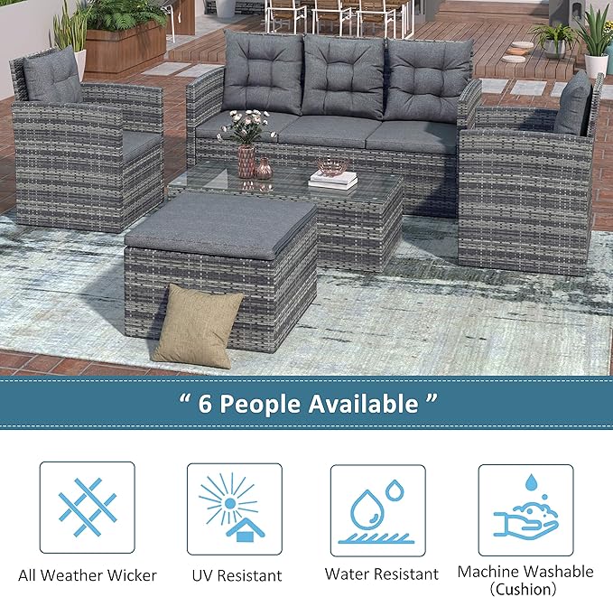 LUMISOL 5 Pieces Patio Furniture Set, PE Rattan Sectional Conversation Sofa, Outdoor Wicker Conversation Set with Tempered Glass Table & Storage Bench for Patio, Balcony, Backyard, Gray