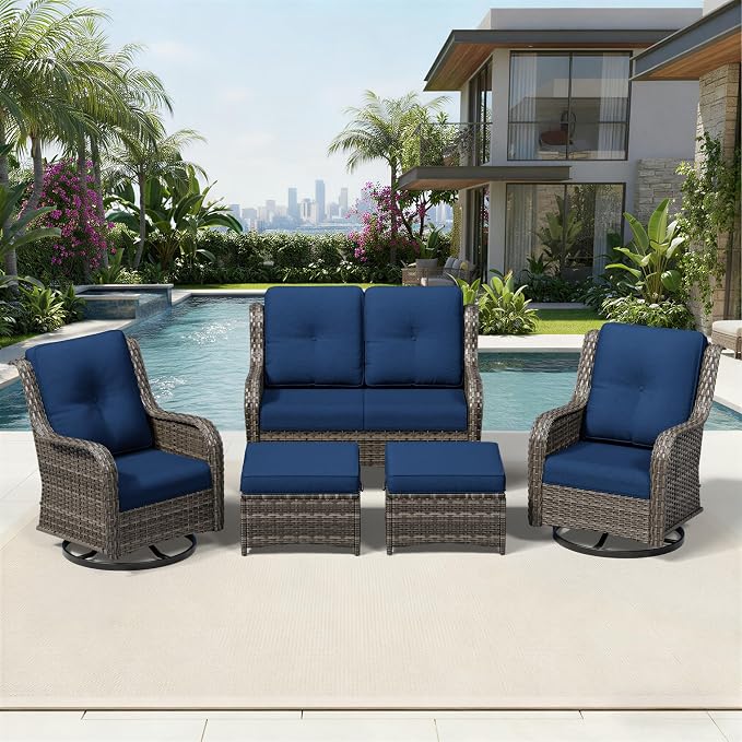 Joyside 5 Piece Wicker Patio Furniture Set, Outdoor Swivel Rocker Patio Chairs with High Back, Deep Seating, Wide Armrest, Thickened Cushions, Outdoor Furniture for Deck, Porch Use