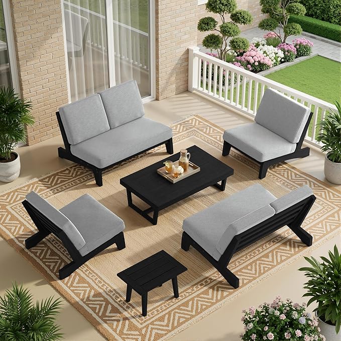 UIXE 6 Pieces All Weather Black Wood Patio Furniture Sets, 2 Patio Loveseat, 2 Patio Bistro Chair, Outdoor Sectional Sofa Furniture Backyard Conversation Set with Coffee Table - Gray