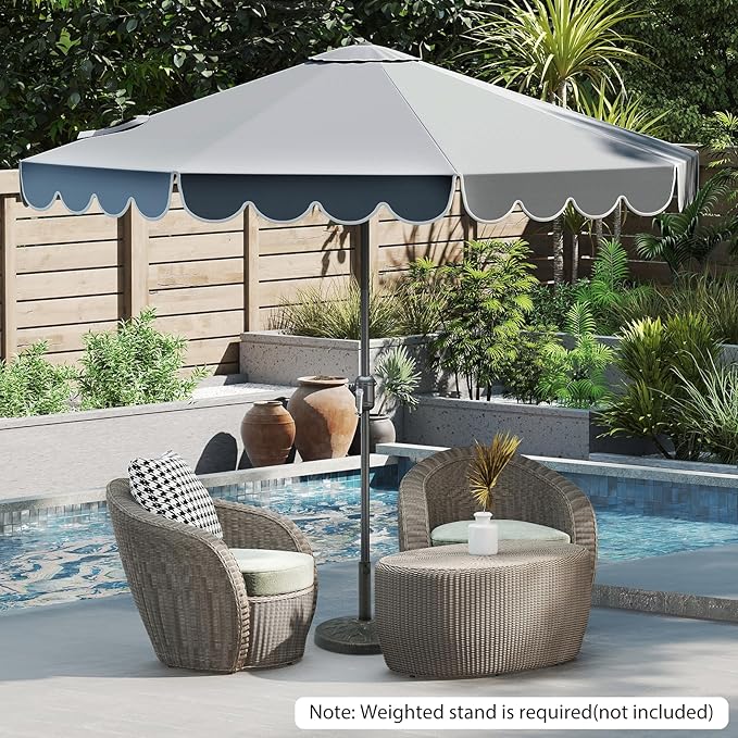 HAPPYGRILL 10 FT Patio Umbrella, Market Table Umbrella w/Crank, Push Button Tilt, Ruffled Edges, Vented Top & 8 Ribs, Outdoor Sun Shade for Poolside Backyard Beach