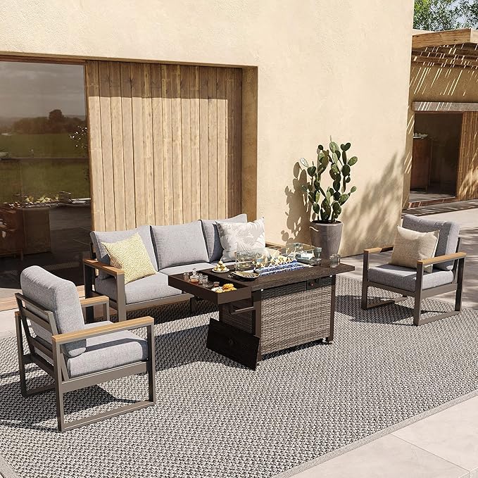 Sundale Outdoor Aluminum Patio Furniture Set, 4 Piece Outdoor Conversation Sets with Fire Pit and Washable Thick Cushions, All Weather Outdoor Sectional Set for Deck, Lawn, Yard (Grey)