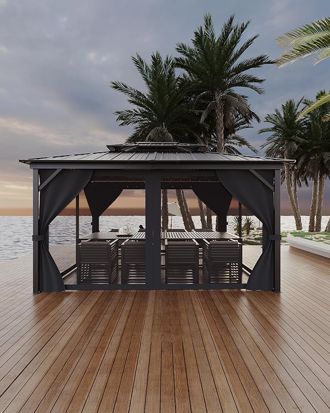 GarveeLife Hardtop Gazebo 12 ft x14 ft for All Weather, with Double Metal Roof, Net, and Curtain, Permanent Building for Patio, Deck, Backyard, Lawn, and Garden