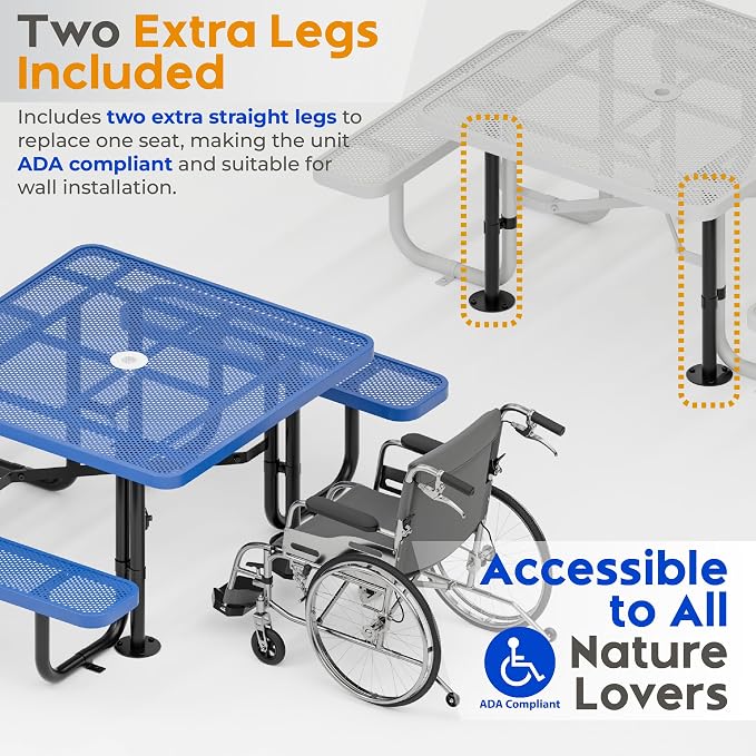Metal Picnic Tables for Outdoors with Umbrella Hole - Coated Steel Heavy Duty Commercial Grade Furniture (Blue, 46 in, Square, Punched Steel)