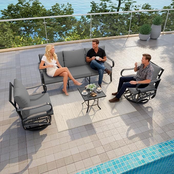 4 Pieces Outdoor Furniture Set, Patio Conversation Set with Swivel Rocking Chairs Sets and 3-Seater Couch Sofa for Deck, Porch, Garden, Backyard, Poolside (Gray Cushions)