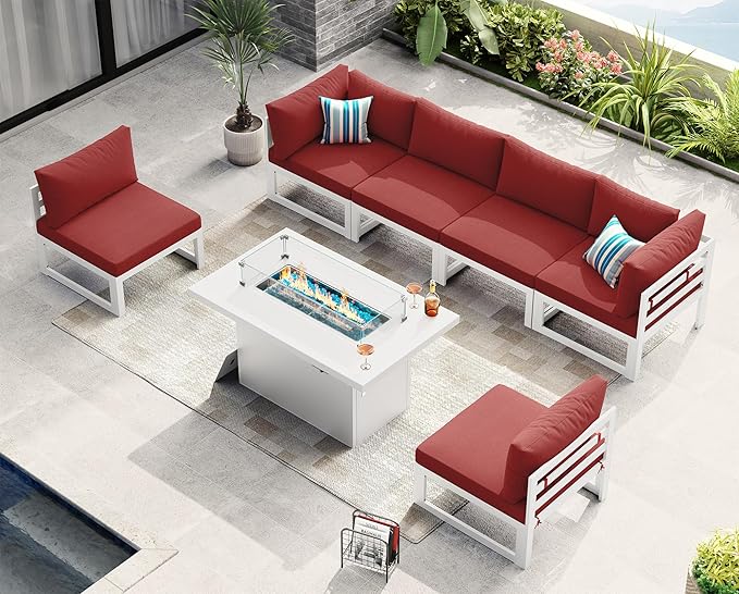 NICESOUL 7 Pcs Modern Aluminum Outdoor Patio Furniture Set with Fire Pit Table Propane/Gas, Extra Large All-Weather Modular Sectional Couch, 29" Wide Deep Seating Conversation Sofa for Outside, Red