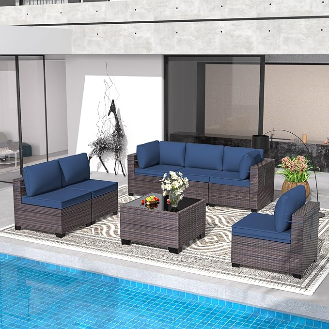 Patio Furniture Set 7 Pieces Outdoor Sectional Sofa Set,All Weather Wicker Patio Sofa PE Rattan Patio Conversation Set w/Cushions and Glass Coffee Table,NavyBlue