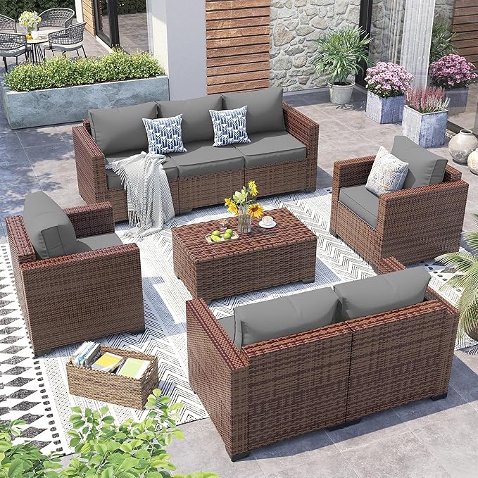 Patio Furniture Set,5 Piece Wide Armrest Outdoor Furniture Chair with 4" Thickened Cushion,Wicker Patio Conversation Sets with Waterproof Covers for Backyard, Porch(Grey)
