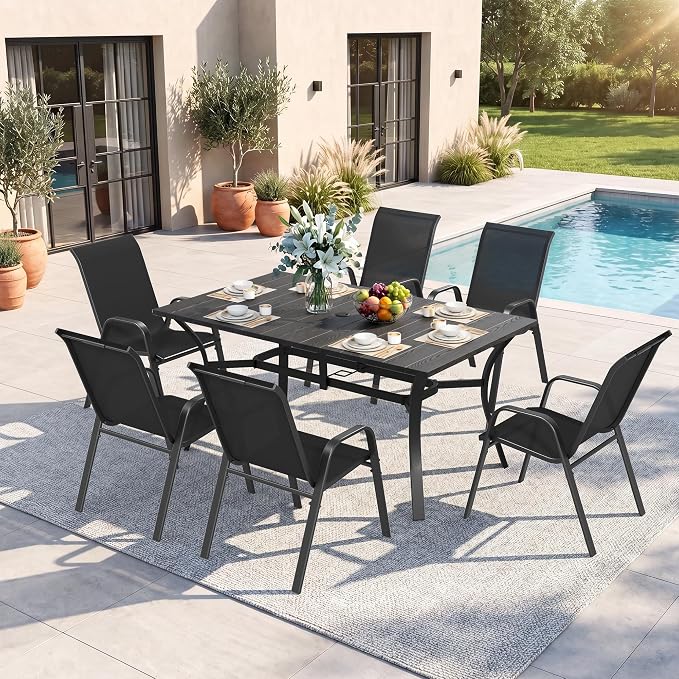 Outdoor Dining Set for 6, Patio Metal Table and Chairs Set with 1.97'' Umbrella Hole, 7pcs Patio Furniture Set 63”x37.8” Dining Table Set with Stackable Chairs for Backyard Pool Deck
