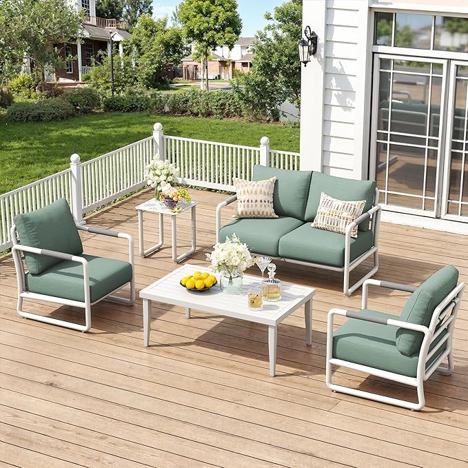 Aluminum Outdoor Patio Furniture Set, 4-Piece Conversation Sofa Set with Coffee Table, Thick Cushions & All-Weather Aluminum Frame, Modern Garden Seating for Backyard, Poolside, or Porch – White