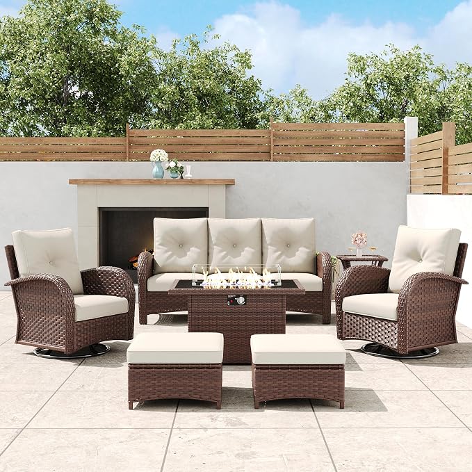 7 Pieces Outdoor Wicker Patio Swivel Rocking Chairs, All Weather Wicker Conversation Set with 44" Fire Pit Table