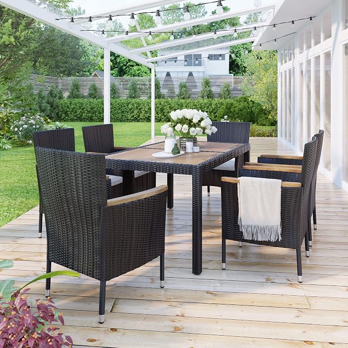 7-Piece Outdoor Patio Dining Set, Garden PE Rattan Wicker Dining Table and Chairs Set, Acacia Wood Tabletop, Stackable Armrest Chairs with Cushions (Brown ~009)
