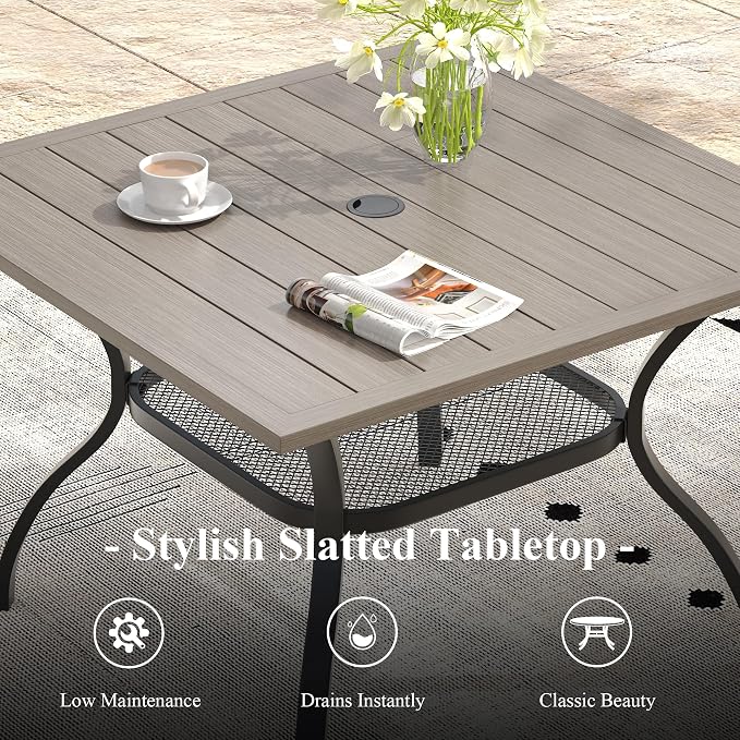 Outdoor Dining Set for 4, 37.8" Metal Outdoor Dining Table with Umbrella Hole and Sling Patio Swivel Chairs, 5 Pieces Patio Table and Chairs Set for Garden Backyard, Grey