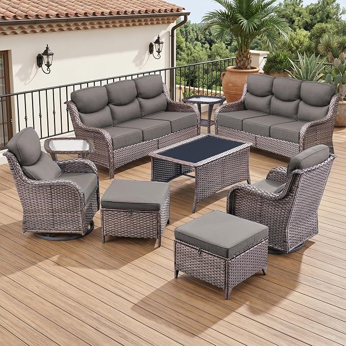 Luxury 6" Thick Cushion 9 Pieces Wicker Patio Furniture Set with High Back Swivel Rocker Chairs, Outdoor Conversation Set with Patio Couch for Deck Porch Yard and Poolside