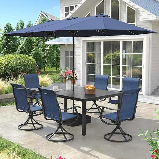 VICLLAX Patio Table and Chairs with Patio Umbrella, 6 Patio Swivel Chairs and Metal Patio Table with 15ft Blue Outdoor Umbrella for Backyard, Navy Blue Chairs & Black Tabletop