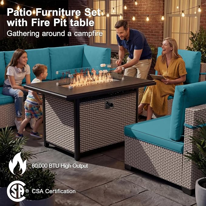 Patio Furniture Set, 11-Piece Outdoor Sectional Sofa with Swivel Rocker Chairs & Fire Pit Table, Wicker Patio Conversation Set with Coffee Table, Cyan Cushions