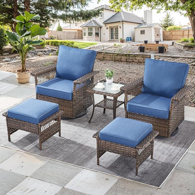 Patio Furniture Set 2 Wicker Swivel Glider Chairs 2 PE Rattan Ottomans with Patio Side Table Brown Wicker Blue Cushions Patio Conversation Set 5pcs for Garden Backyard