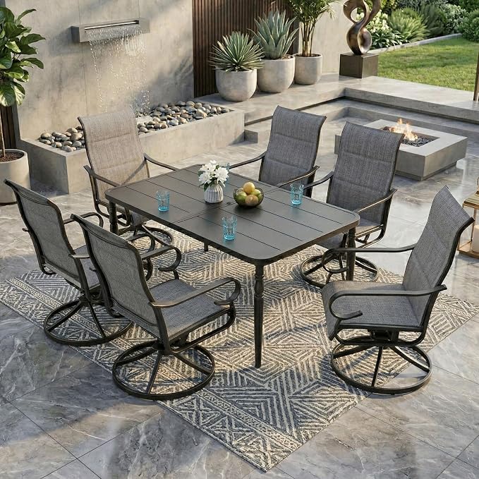NUU GARDEN 7PCS Padded Textilene Outdoor Dining Set with Umbrella Hole, Powder-Coated Metal Frame Patio Dining Table and Chairs with Swivel Base, Patio Table and Chair Set, Turned Legs, Light Gray