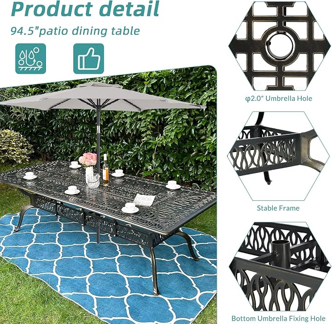 MEETWARM 9-Piece Outdoor Patio Dining Set, All Weather Cast Aluminum Patio Funiture Table and Chairs Set- 94.5” Rectangular Table and 8 Cushioned Swivel Rocker Chairs, Umbrella Hole, Ocean Blue