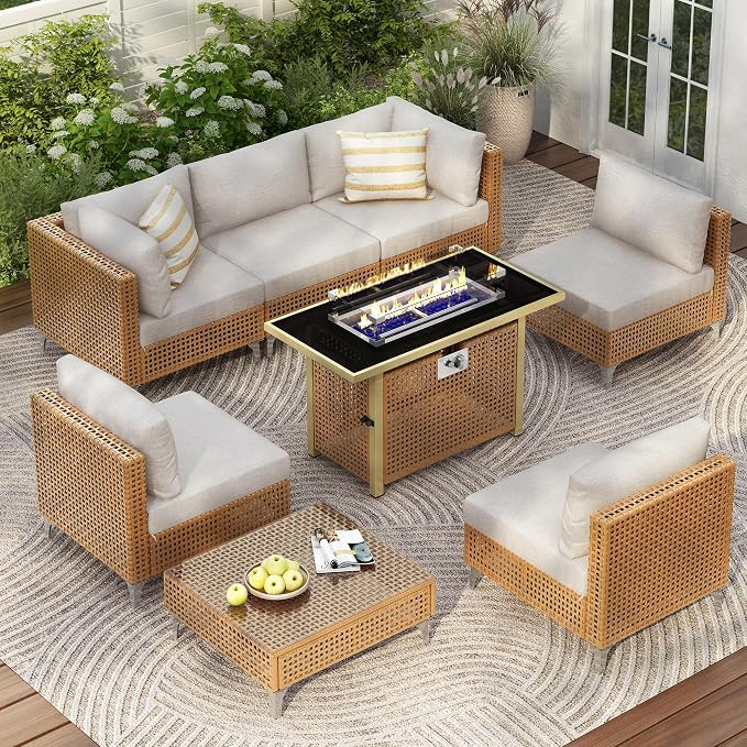 VilroCaz 8-Piece Outdoor Patio Furniture Set, All-Weather Wicker Conversation Sofa Sets with Coffee Table and 43" Fire Pit Table for Outdoor Couch, Porch, Backyard