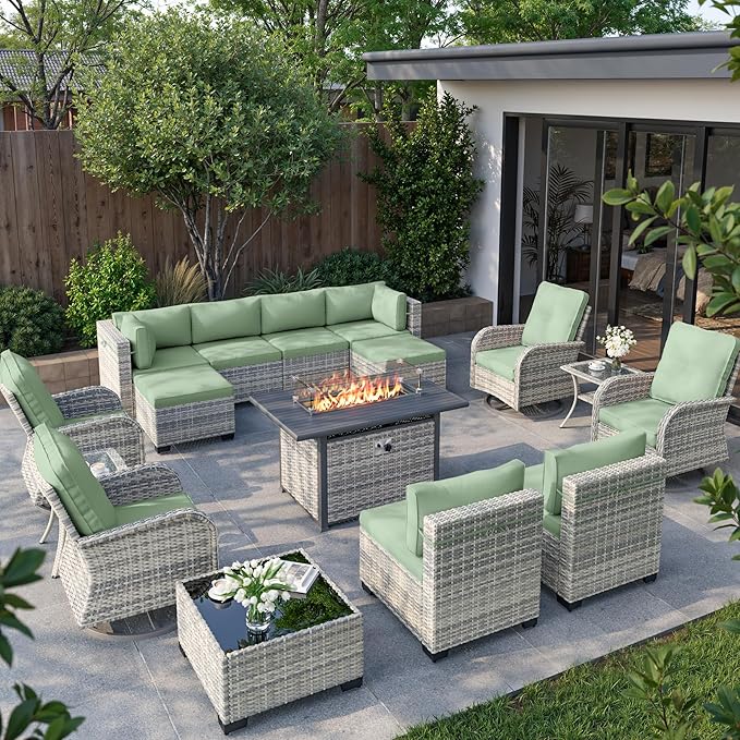 16-Piece Outdoor Patio Furniture Set with Rocking Swivel Chair, Wicker Rattan Sectional Sofa Conversation Set with 55,000 BTU Fire Pit Table with Ottomans, Backyard Furniture, Light Green