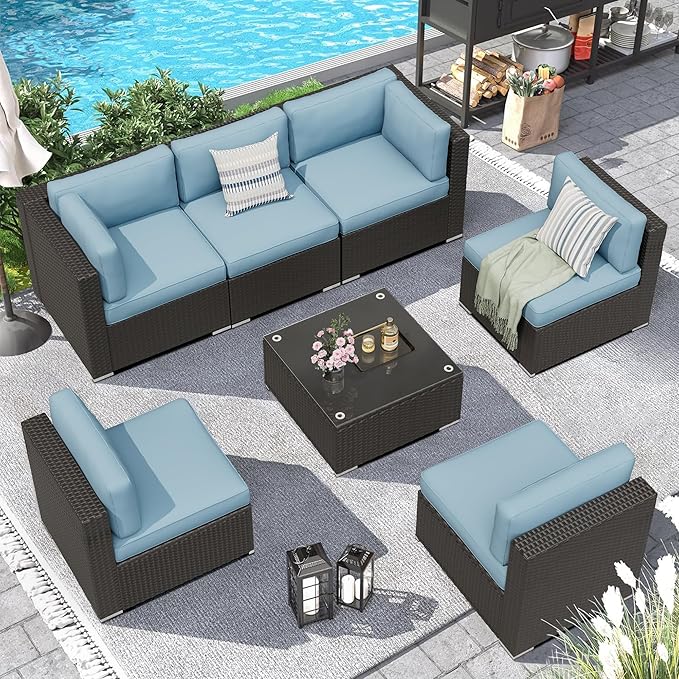 8 Pieces Outdoor Patio Furniture Set with Waterproof Cover, Black Brown Wicker Patio Sectional Sofa Set, Outdoor Couch with Cushion and Tempered Glass Table, Sky Blue