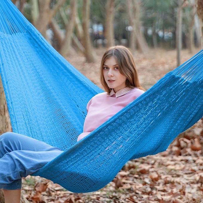 PNAEUT Handwoven Mayan Hammock, Thick Soft Rope Double Hammock for Outdoor Outside & Indoor, 600 lbs Capacity Heavy-Duty, Includes Tree Straps, Carabiners & Carrying Bag (Glacial Lake Blue, X-Large)