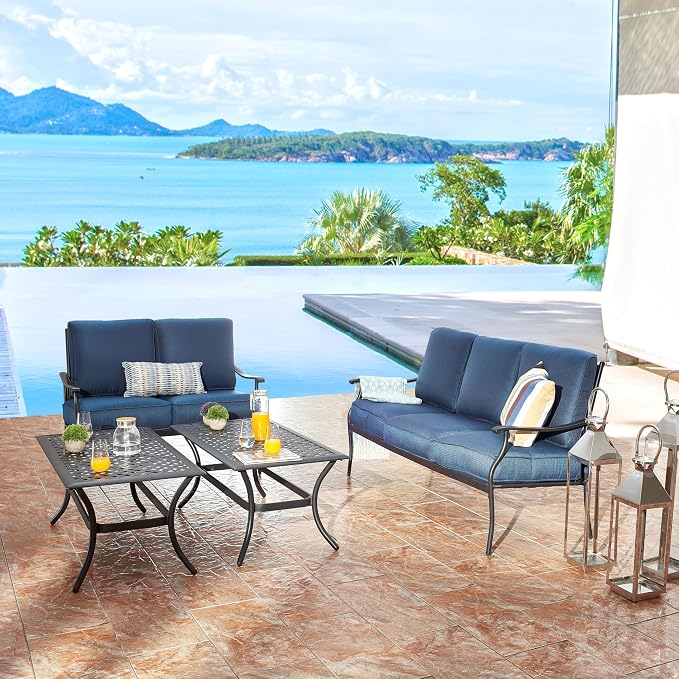 4 Pieces Patio Conversation Set 5 Seat Outdoor Furniture Sofa Chairs Patio Furniture Seating Sets with Cushion and Cofffee Table (Blue)