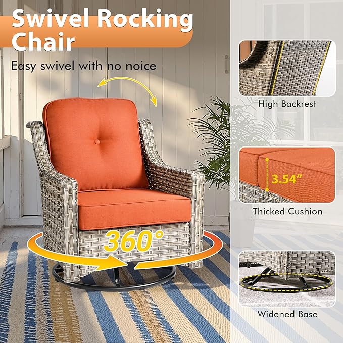 9 PCS Outdoor Patio Furniture Sets,Patio Conversation Sets Outside Rattan Soft Cushion Sofa with 2 Wicker Rocking Chairs & 54 in Fire Pit Table Fit Backyard Porch Garden Poolside Balcony,Orange Red