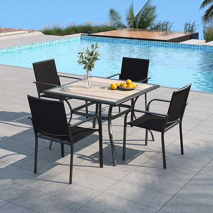 Anmutig Patio Square Table and Chairs Set of 4 with Outdoor Black Stackable Dining Chairs and 37" Wood-Like PVC Table