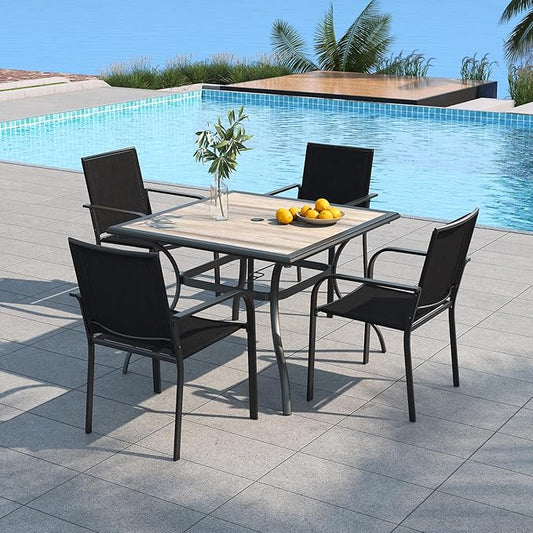 Anmutig Patio Square Table and Chairs Set of 4 with Outdoor Black Stackable Dining Chairs and 37" Wood-Like PVC Table