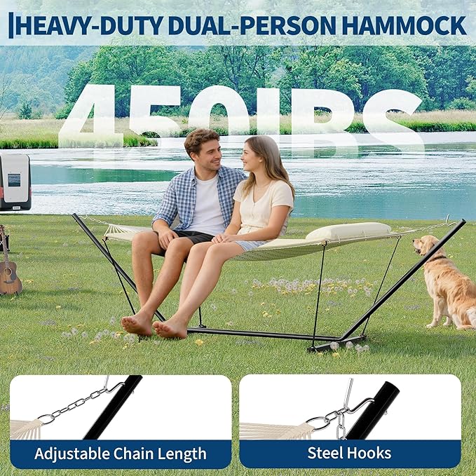 Heavy Duty Double Hammock with Stand & Soft Pillow, 450 LBS Capacity - Padded Portable Hammock for Indoor Outdoor Patio Backyard Garden