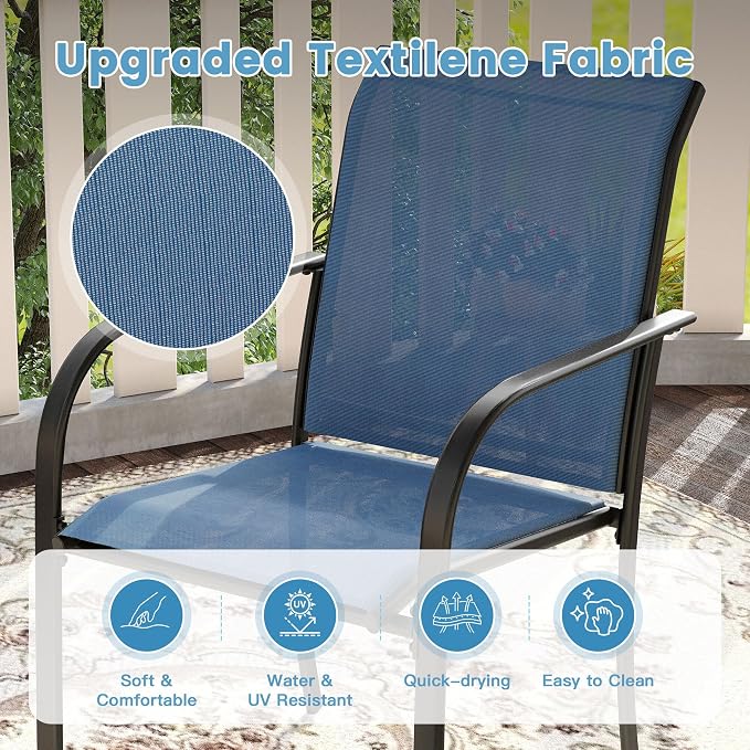 DIFY Patio Dining Set for 6, 7 Piece Outdoor Table and Chairs Set, 47.2" Black Round Metal Patio Dining Table and 6 Blue Textilene Stackable Patio Chairs, for Backyard Garden Poolside