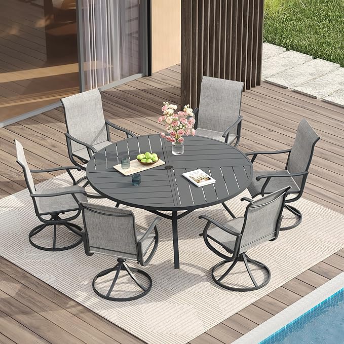 VICLLAX 7 Pieces Patio Dining Set for 6, Outdoor Furniture Set Includes 47.2" Outdoor Round Table and 6 Patio Swivel Chairs for Lawn Garden, Grey Tabletop and Grey Fabric