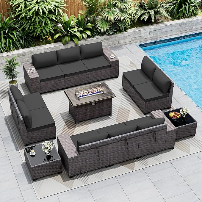 Outdoor Patio Furniture Set with Fire Pit Table, 13 Pieces Outdoor Furniture Set Patio Sectional Set w/43in Propane Fire Pit, PE Wicker Rattan Patio Conversation Sets - Black.