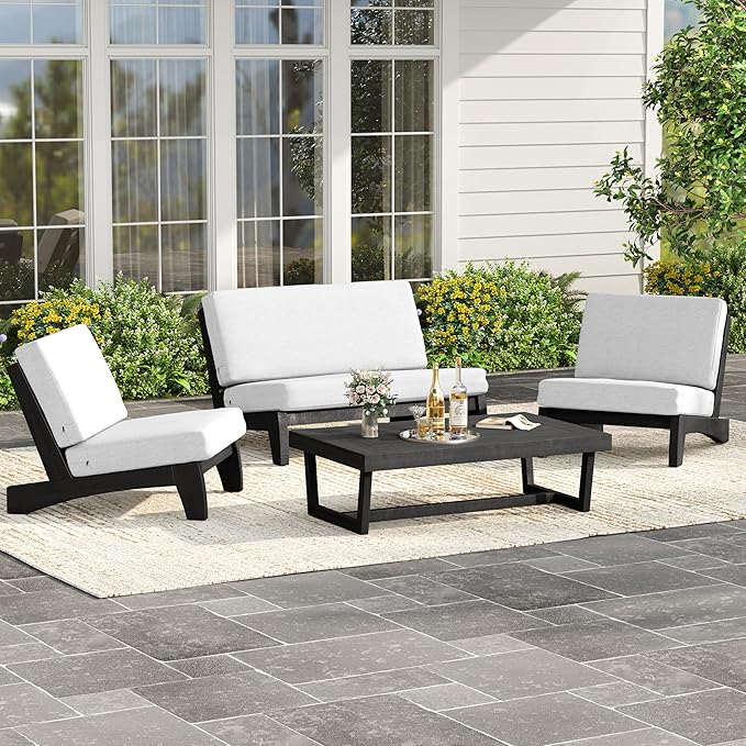 UIXE Black Wood Patio Furniture Sets, 4 Pieces All Weather Outdoor Sectional Futniture Patio Sofa Chair Backyard Conversation Set with Solid Wooden Coffee Table - Beige