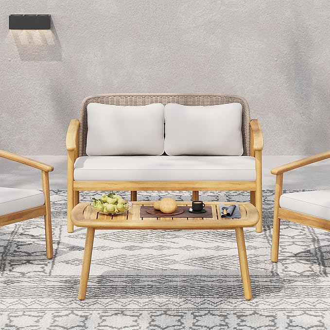 Christopher Knight Home Landon 2 Pieces Patio Conversation Set, Acacia Wood Loveseat and Coffee Table, Woven Rope Couch, Slat Wood Accent Table, Sofa and Table Set for Garden Balcony Yard, Teak+Beige