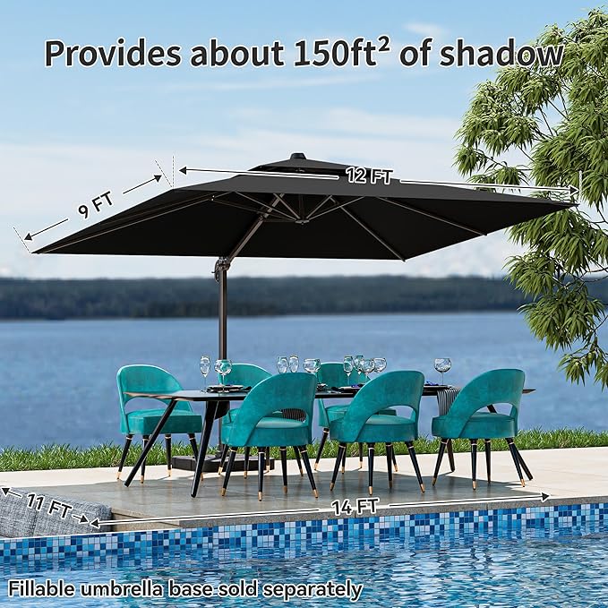 9x12FT Cantilever Patio Umbrella - Heavy Duty Double Layer Offset Design with 360° Rotation, Large Rectangle Sun Shade Umbrella for Garden, Deck, Pool, Backyard, Black