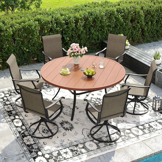 DIFY Outdoor Dining Set for 6, 7 Piece Patio Table and Chairs Set, Swivel Patio Dining Chairs with Brown Textilene & 50" Walnut Round Metal Dining Table with Umbrella Hole, for Garden Backyard Deck