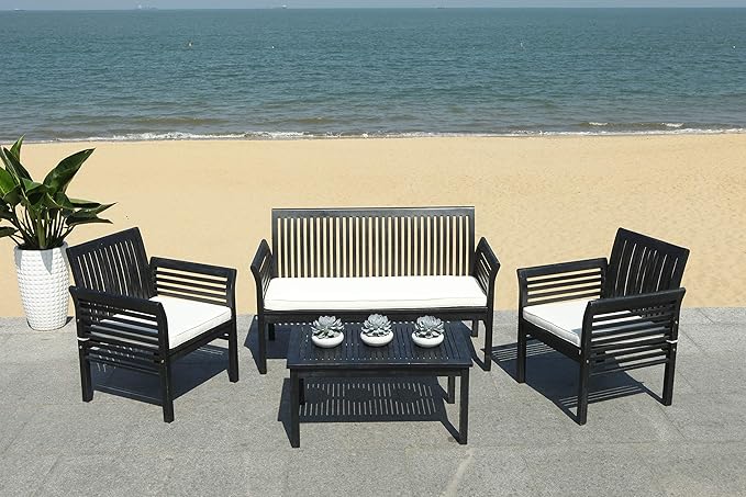 SAFAVIEH Outdoor Collection Carson Black/ White Cushions 4-Piece Conversation Patio Set