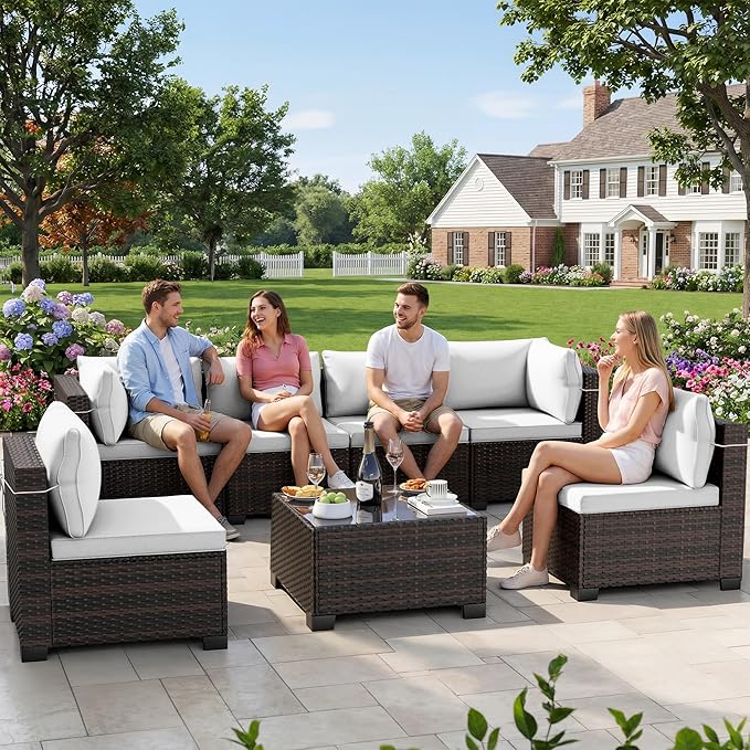 LEVELEVE 7 Pieces Outdoor Patio Furniture Sets,Rattan Conversation Sectional Set,Manual Weaving Wicker Patio Sofa with Tea Table